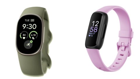 Yan yana duran Fitbit Edge (yeşil) ve Fitbit Inspire 3 (pembe) tasarımları