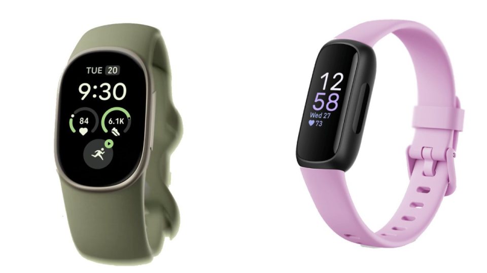 Yan yana duran Fitbit Edge (yeşil) ve Fitbit Inspire 3 (pembe) tasarımları