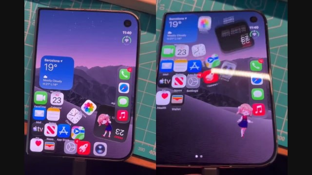 Calif'in gösteriminde iPhone Duo'nun ana ekranında yer değiştiren simge ve widget'lar.