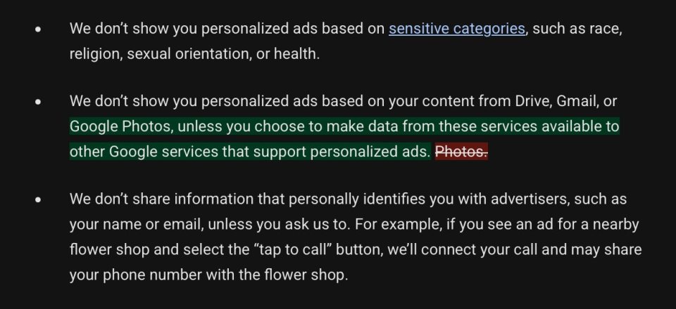 Google'ın gizlilik politikasında kişisel uygulama verileriyle reklamlar arasındaki istisnayı gösteren ekran görüntüsü.