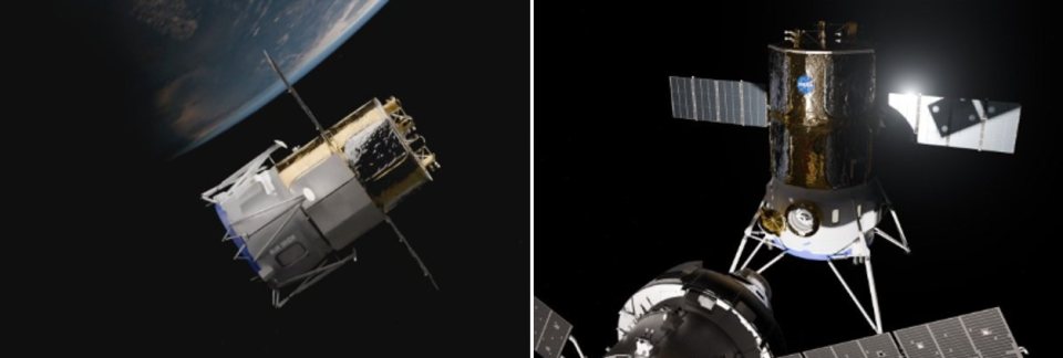 Blue Moon Mark 2 test aracını Dünya yörüngesinde ve Orion ile kenetlenmiş hâlde gösteren temsili çizimler.