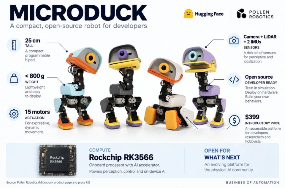 Microduck'ın gövdesini ve donanım özelliklerini gösteren teknik tanıtım görseli.