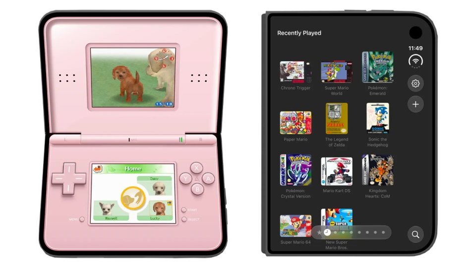 Delta'nın iPhone Duo kısmen katlıyken kullanılan Nintendo DS yerleşimi ve dış ekrandaki "Recently Played" arşivi.