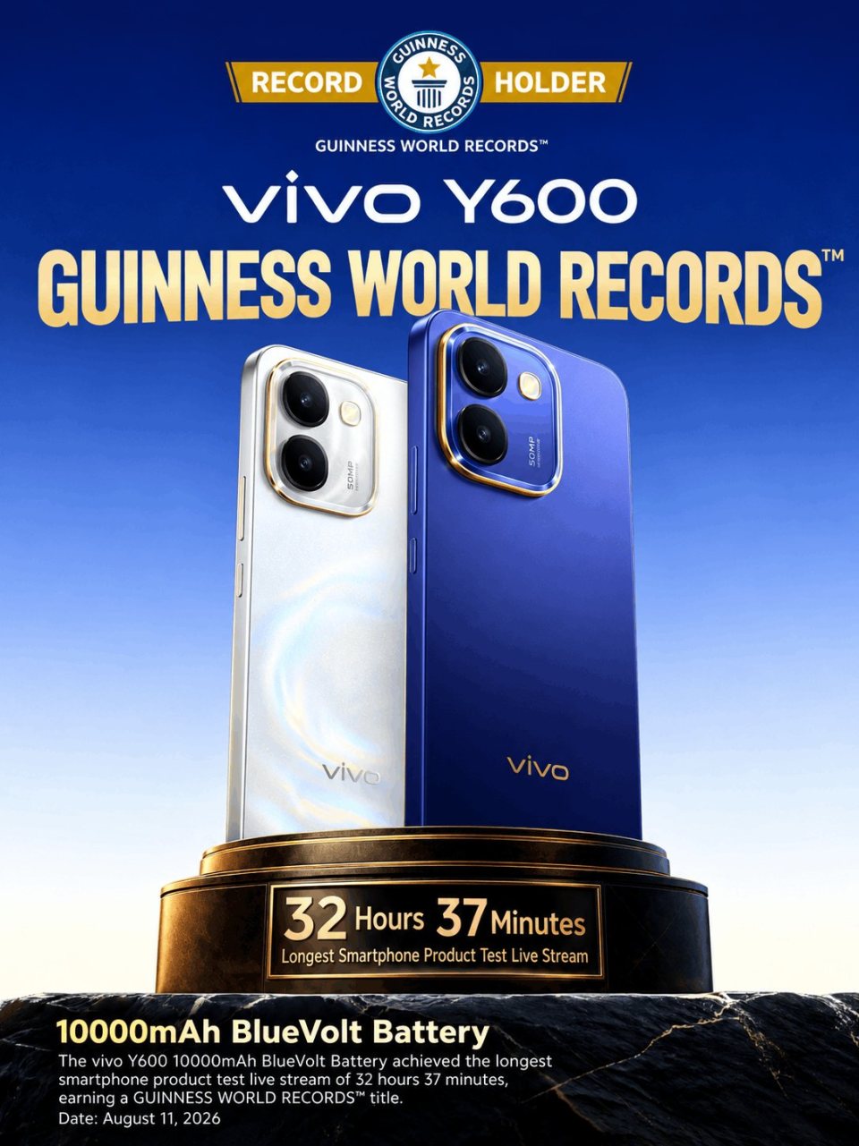 Vivo'nun Y600 için hazırladığı Guinness rekoru görseli: 32 saat 37 dakikalık test yayını ve 10.000 mAh batarya.
