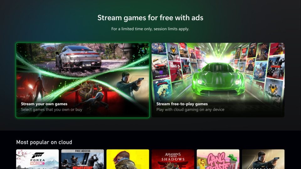 Xbox'ın reklam destekli ücretsiz bulut oyun testi arayüzü