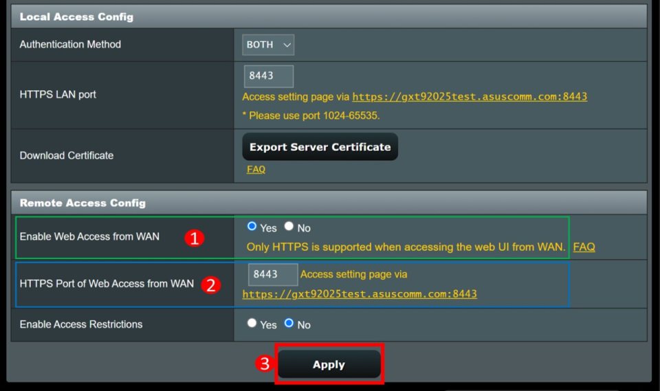 ASUS yönetim arayüzündeki "Enable Web Access from WAN" ayarı