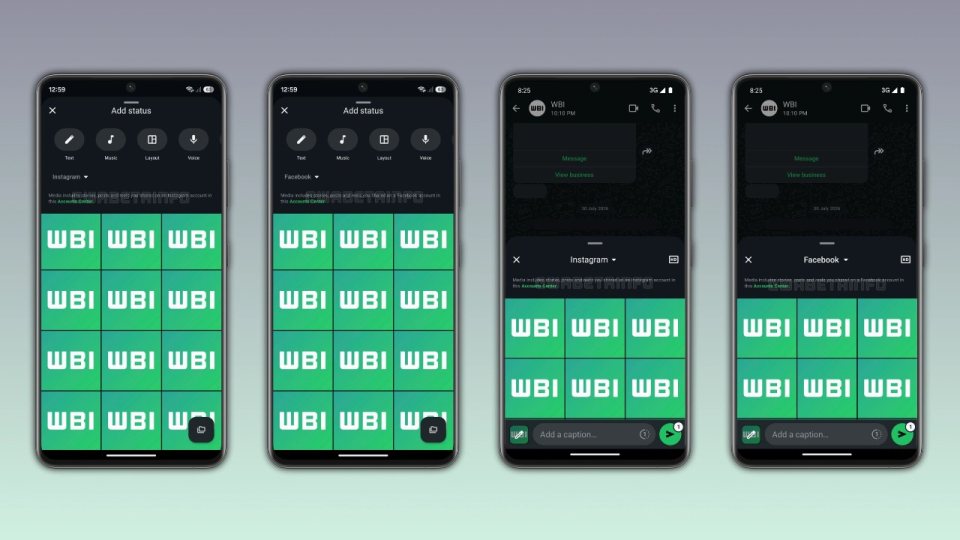 Eylül ayında gösterilen önceki düzen: WhatsApp medya seçicisinde Instagram ve Facebook kaynakları ile hikâye, gönderi ve