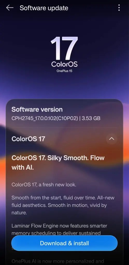 OnePlus 15 için ColorOS 17 güncellemesini ve yazılım sürümünü gösteren ekran görüntüsü.