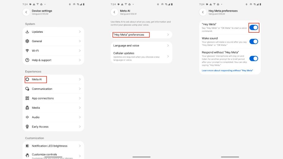 Meta AI uygulamasında "Hey Meta" sesli etkinleştirme seçeneğine ulaşmayı gösteren ayar ekranları.